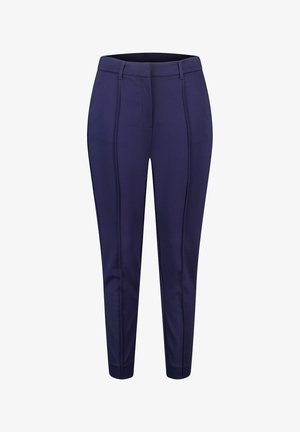 Pantalons ajustés navy avec une coupe slim, une texture lisse et des détails de plis centraux pour un look soigné. Taille standard avec passants de ceinture.