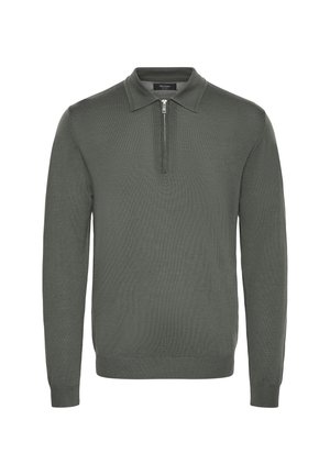 Suéter de punto verde con cuello y cierre de media cremallera en la parte delantera. Mangas largas y un tejido texturizado, diseñado para un ajuste relajado.