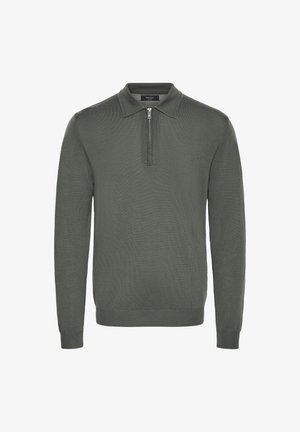 Zeleno pleten pulover s ovratnikom in pol-zip zapiranjem spredaj. Dolgi rokavi in teksturirana tkanina, zasnovan za sproščen kroj.