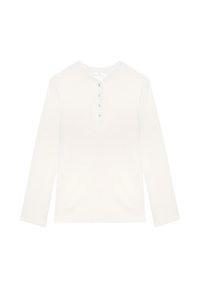 Maglietta henley bianca a maniche lunghe con texture a costine, scollo a girocollo e patta con quattro bottoni nella parte frontale. Tessuto morbido e vestibilità normale.