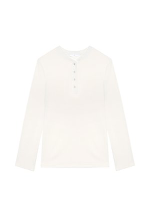 Maglietta henley bianca a maniche lunghe con texture a costine, scollo a girocollo e patta con quattro bottoni nella parte frontale. Tessuto morbido e vestibilità normale.
