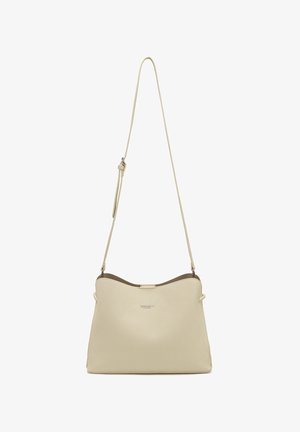 Beige leather shoulder bag with adjustable strap, curved top edge, and small DIANA & CO brand logo centered on front.