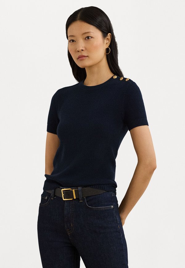 BUTTON TRIM COTTON SHORT SLEEVE SWEATER - Basic T-shirt