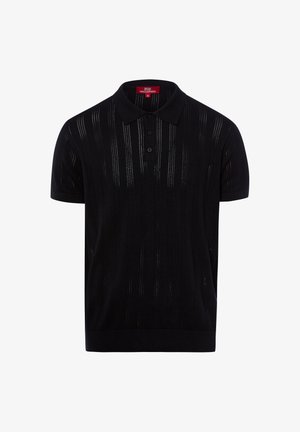 Czarna polo z krótkim rękawem, z pionowymi paskami wykonanymi z otwartego splotu oraz trzema guzikami na przedniej listwie, rozmiar M.