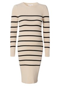 Béžové dlouhé pletené šaty s ribováním, černými vodorovnými pruhy, kulatým výstřihem a upnutou midi délkou.