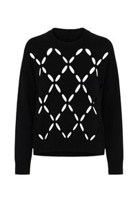 Maglione nero lavorato a maglia con motivo a diamante e dettagli traforati. Scollo tondo e polsini a costine. Vestibilità casual con orlo leggermente corto.