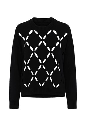 Suéter de punto negro con un patrón de diamantes y detalles recortados. Cuello redondo y puños acanalados. Corte informal con un dobladillo ligeramente corto.