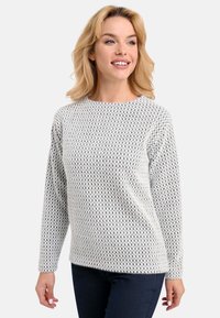 Hellgrauer Pullover mit strukturiertem Zickzackmuster, rundem Ausschnitt und langen Ärmeln. Aus weichem Stoff gefertigt und mit einem lässigen Schnitt.