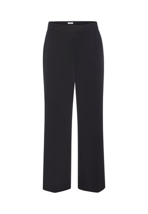 Black straight-leg trousers with belt loops and a front zipper, displayed against a white background.