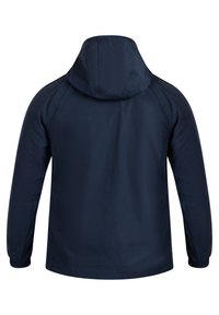 Navy blue waterproof jacket featuring a hood, long sleeves, elastic cuffs, and a smooth texture with a simple design. Back view displayed.