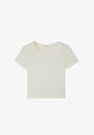 T-Shirt cropped in cotone misto color avorio, con scollatura rotonda e maniche corte, caratterizzato da una texture morbida e liscia.