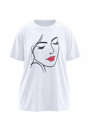 T-shirt blanc avec un dessin minimaliste en ligne noire d'un visage de femme, yeux fermés et lèvres rouges, centré sur le devant.