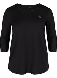 Schwarzes Langarmshirt aus weichem Stoff. Hat einen runden Halsausschnitt und eine taillierte Passform, mit einem kleinen grafischen Logo auf der Brust.