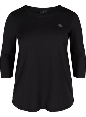 Black long-sleeve shirt, made of soft fabric. Features a round neckline and a fitted silhouette, with a small graphic logo on the chest.