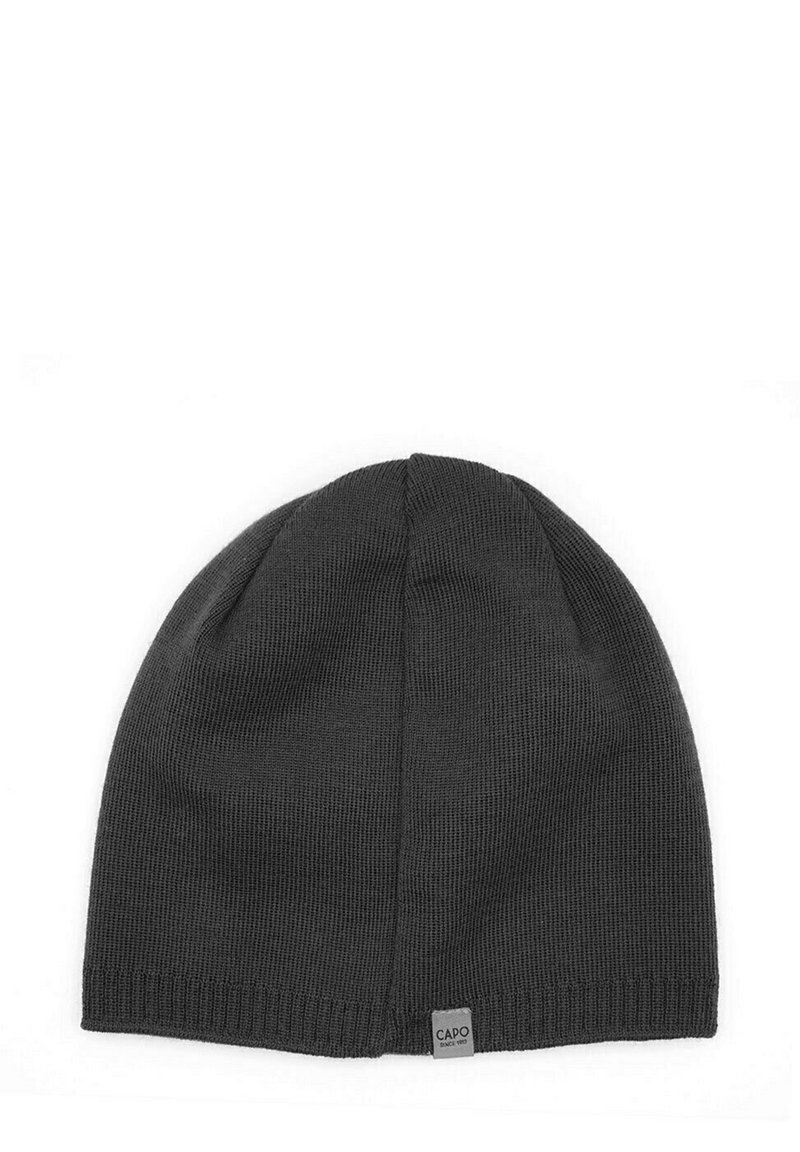 Dark gray knit beanie with a rounded top, textured pattern, and a small square tag labeled "CAPO" near the bottom edge.