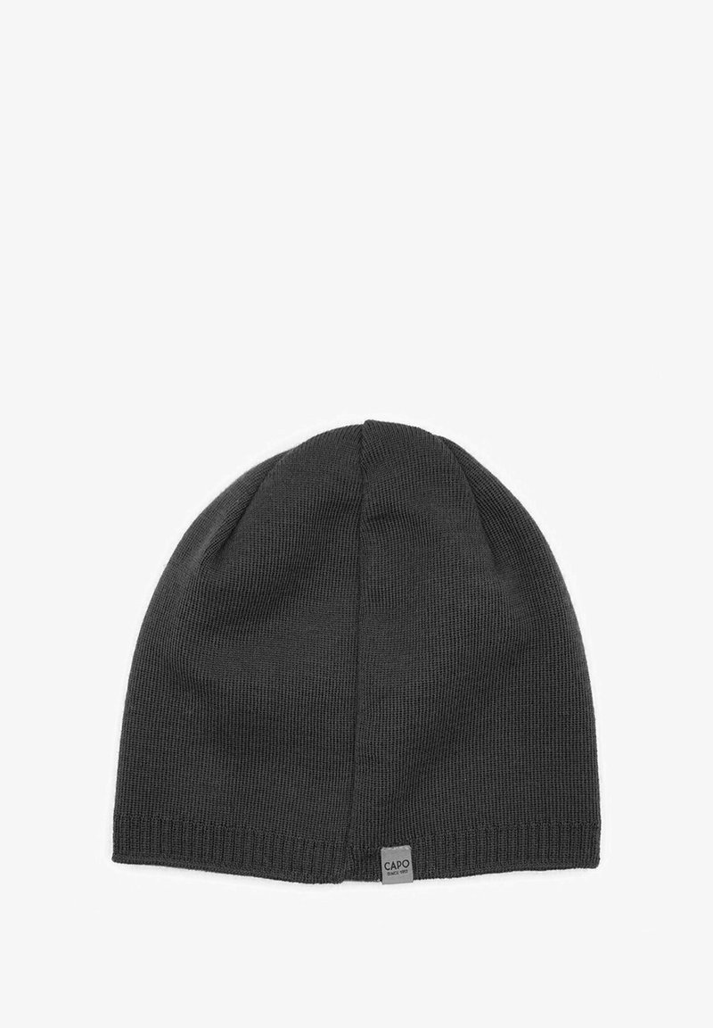Dark gray knit beanie with a rounded top, textured pattern, and a small square tag labeled "CAPO" near the bottom edge.