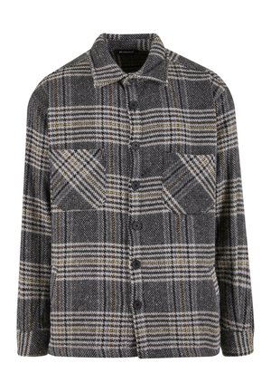 Veste en flanelle à carreaux gris et noir en laine, avec un devant �à boutons, deux poches poitrine et un col.