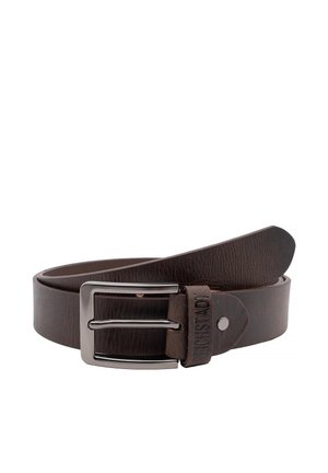 Brown leather belt with silver rectangular metal buckle, embossed brand name on belt loop, coiled on white background.