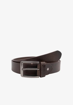 Brown leather belt with silver rectangular metal buckle, embossed brand name on belt loop, coiled on white background.