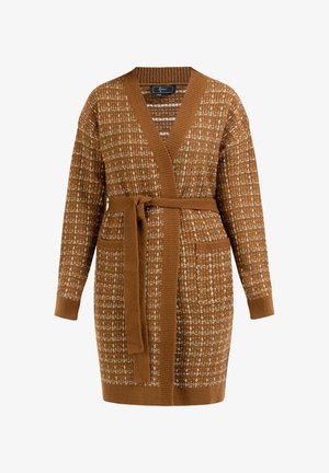 Barna mintás kardigán, megkötő övvel, bordázott mandzsettákkal és stóla gallérral, puha textúrájú kötött anyagból készült. Két elülső zseb.