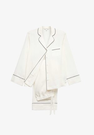 Biały zestaw piżamowy z długim rękawem, wykończony czarnymi lamówkami, koszula na guziki, kieszeń na piersi oraz spodnie z elastycznym pasem i sznurkiem do wiązania.