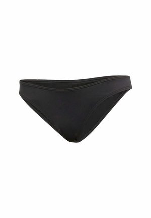 Zwarte bikini onderkant met een gladde textuur, gematigde bedekking en een naadloos ontwerp van de tailleband. Eenvoudige, minimalistische stijl zonder patronen.