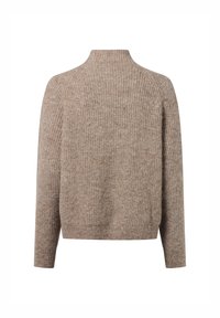 Beige gestrickter Pullover mit hohem Kragen, geripptem Muster und überschnittenen Schultern. Er hat eine lockere Passform und lange Ärmel.