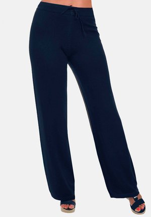 Marineblaue weite Hosen mit einem Kordelzugbund, aus weichem Stoff, der eine glatte Textur und ein langes Design aufweist.