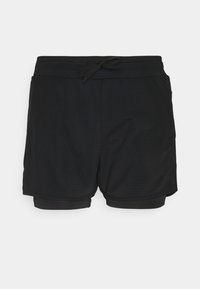 Svarta atletiska shorts gjorda av texturerat tyg, med elastisk midja och snörning, samt sidfickor.