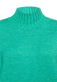 Türkiser Strickpullover mit einem gerippten hohen Kragen. Besitzt einen strukturierten Stoff mit einer weichen Oberfläche und subtilen Farbvariationen.