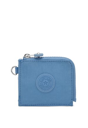 Small blue fabric wallet with a zip closure on top and a circular Kipling logo patch on the front center.