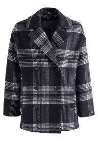 Manteau à carreaux noir et blanc croisé avec de larges revers et des manches longues, présenté sur fond blanc.