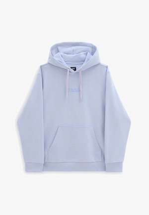 Sweat à capuche Vans bleu clair avec poche avant, capuche réglable avec cordons rose clair et logo brodé discret sur la poitrine.