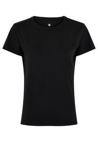 Sort kortærmet T-shirt lavet af bomuld, med rund halsudskæring og en afslappet pasform. Glat tekstur uden ekstra mønstre eller accenter.