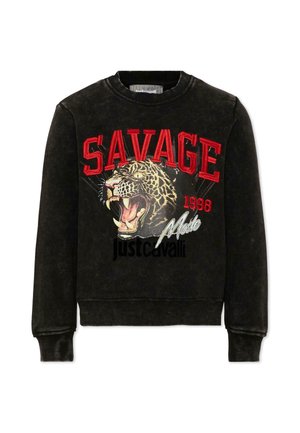 Czarna bluza z grafiką ryczącego lamparta, czerwonym tekstem "SAVAGE", "1998" na czerwono oraz "Made just cavalli" białymi i czarnymi literami.