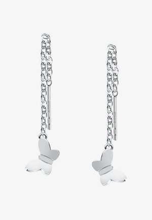 Orecchini a forma di farfalla in argento con un design a catena. Finitura lucida, con un ciondolo a forma di farfalla intagliato all'estremità di ciascuna catena.