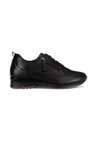 Black leather sneaker with a textured surface, featuring a lace-up front, side zipper, and a cushioned sole with a zigzag pattern.