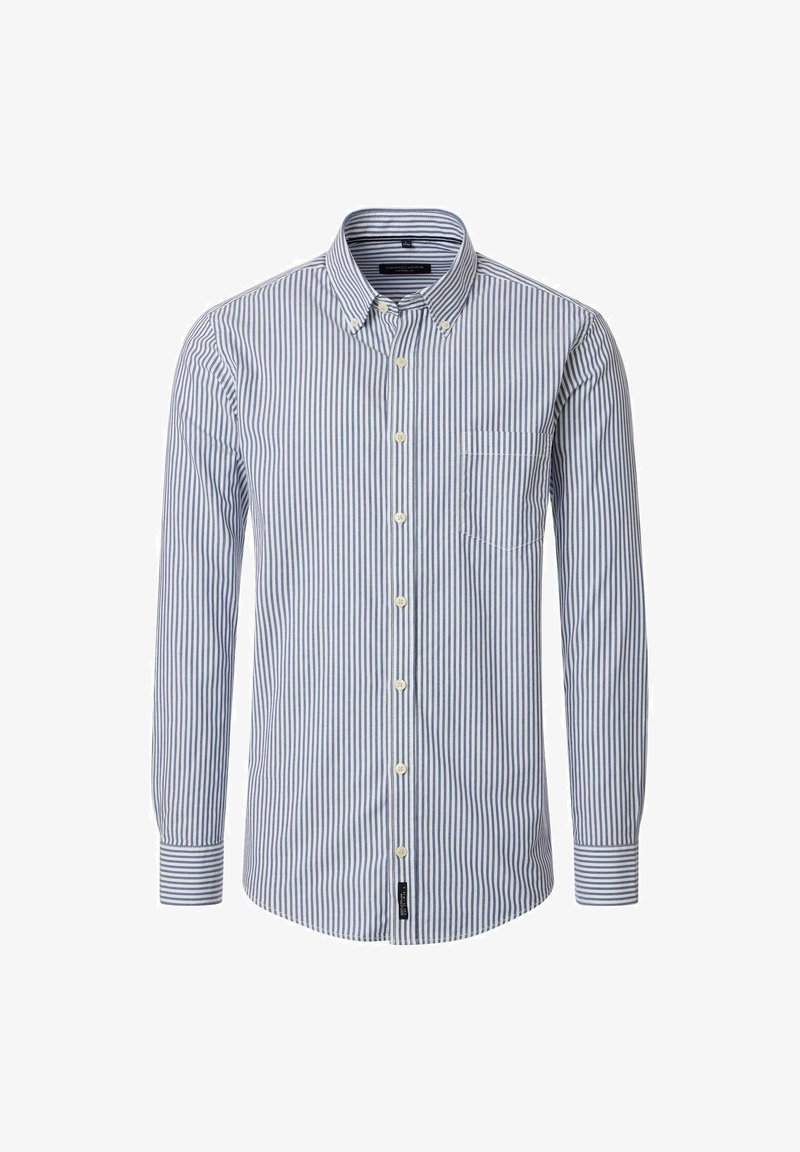 Langsleeve button-up shirt met blauwe en witte verticale strepen, knoopbare kraag, voorzak en crèmekleurige knopen.