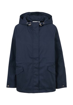 Veste à capuche bleu marine en tissu résistant, dotée de poches avant, de quincaillerie dorée et d'une coupe droite avec manches raglan.