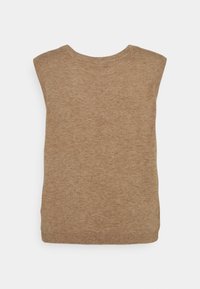 Top en tricot sans manches marron avec un col rond, présentant une texture douce et une coupe droite, exposé sur un fond blanc.