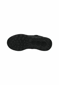 Suela de zapato negra con una superficie de goma texturizada que presenta patrones circulares y ovalados para agarre y tracción. Sin marcas visibles.