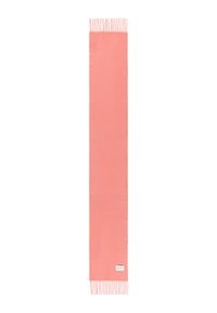 Étole rectangulaire en tissu corail doux, dotée d'un bord frangé. Une petite étiquette est cousue près du bord inférieur. Texture lisse.