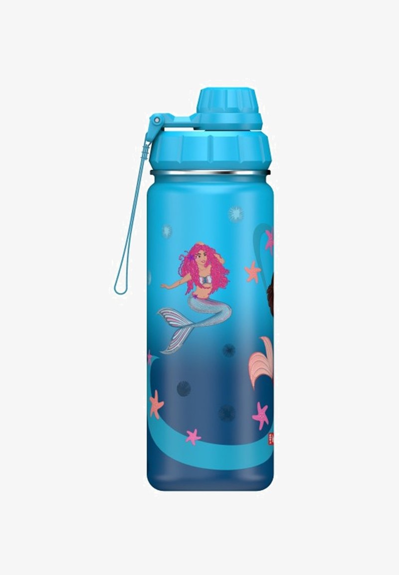 Blaue Wasserflasche aus Edelstahl mit strukturiertem Deckel; verfügt über Meerjungfrau-Grafiken, Seesterne und Wirbel auf einem Farbverlauf-Hintergrund.
