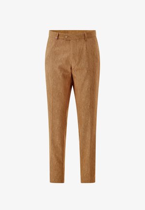 Men's slim-fit light brown textured trousers with front button and belt loops, shown against a white background.