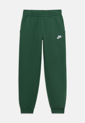 Ciemnozielone spodnie dresowe Nike z elastycznym pasem, bocznymi kieszeniami, ściągaczami przy kostkach i białym logo Nike na górnej lewej części uda.