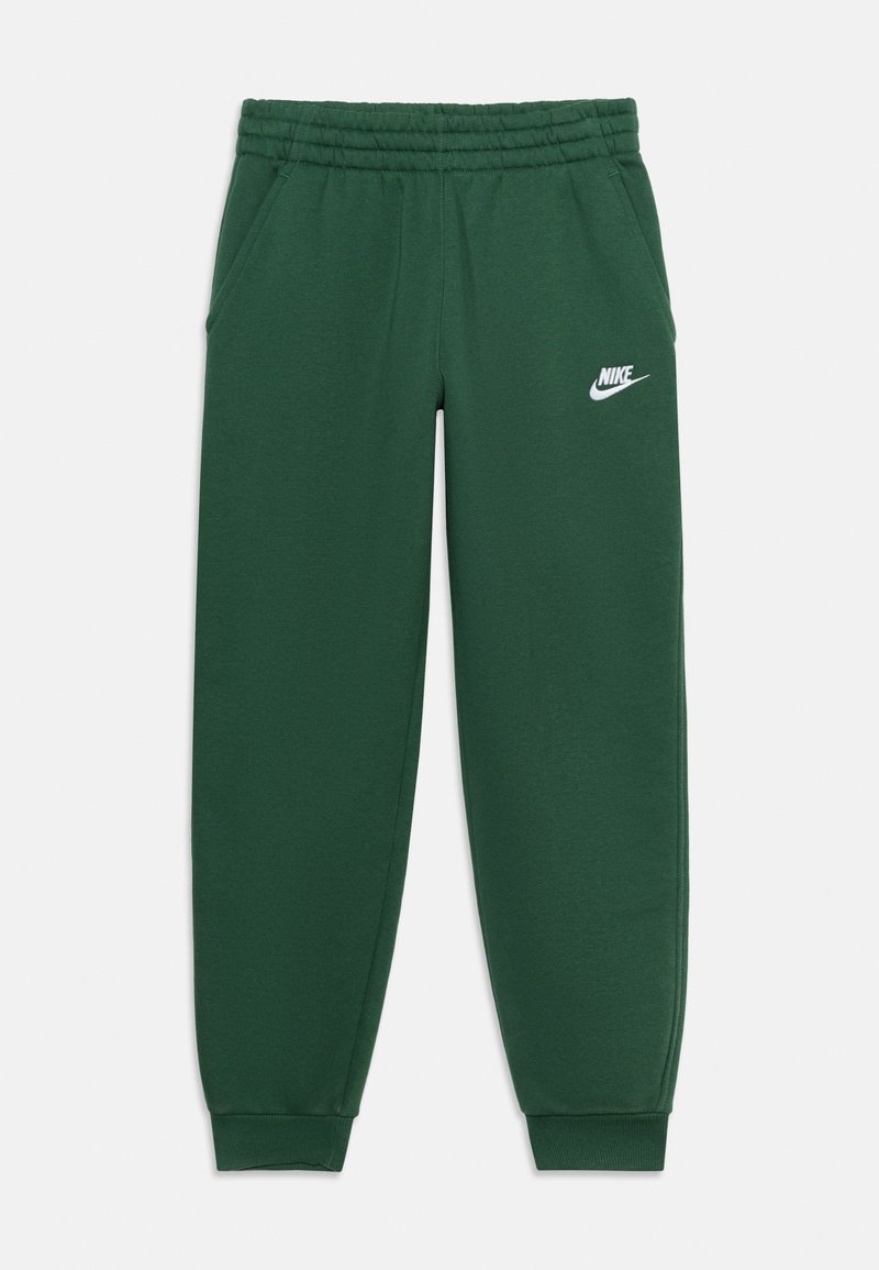 Pantalon de survêtement Nike vert foncé avec taille élastique, poches latérales, chevilles resserrées et logo Nike blanc sur la cuisse gauche.