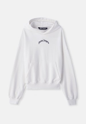 White hoodie made of cotton with a front kangaroo pocket, ribbed cuffs, and hem. Features black "Palm Angels" logo embroidered on the chest.