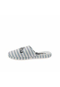 Zapatillas de casa a rayas en azul y blanco con parte superior de tela suave, punta redondeada y un diseño estampado en negro en la parte frontal. Suela texturizada.