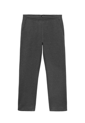 Pantalones de chándal grises hechos de una tela suave, con dos bolsillos laterales, una cinturilla elástica y un corte recto. Sin patrones visibles.