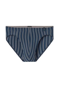 Marineblaue Bikini-Briefs mit vertikalen weißen Streifen, elastischem Bund und nahtlosen Kanten für zusätzlichen Komfort. Weicher Stoff mit glatter Textur.